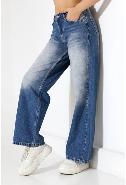 Yüksek Bel Wide Leg Açık Mavi Denim Jean Pantolon