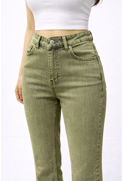 Yüksek Bel Yeşil Taşlanmış İspanyol Paça Jean Pantolon