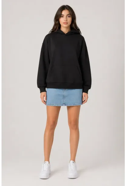 Siyah Modal Kumaş Oversize Kapüşonlu Sweatshirt
