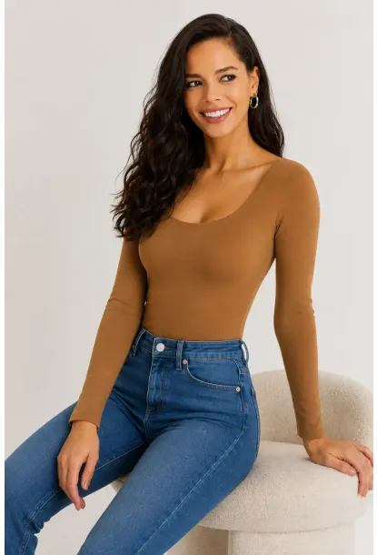 Kadın U Yaka Uzun Kollu Esnek Basic Bluz – Camel