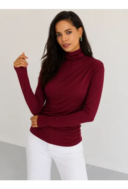 Kadın Bordo Drapeli Boğazlı Uzun Kollu Esnek Fit Bluz