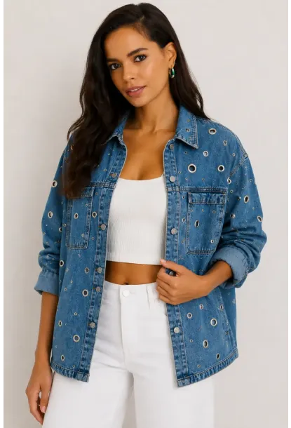 Kadın Mavi Kuş Gözü Detaylı Oversize Denim Jean Ceket
