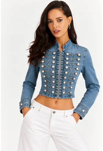 Kadın Premium Metal Düğme Detaylı Crop Denim Ceket