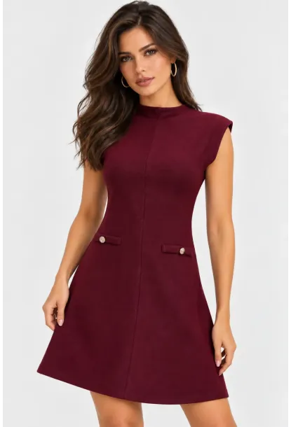Bordo Dik Yaka A Kesim Mini Elbise