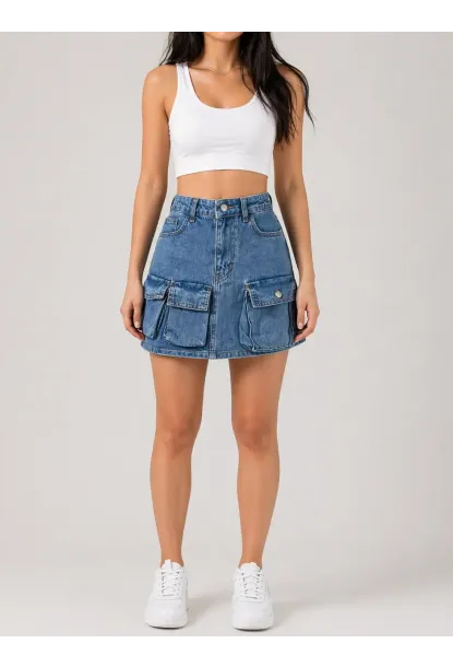 Açık Mavi Yıkamalı Cep Detaylı Denim Mini Etek