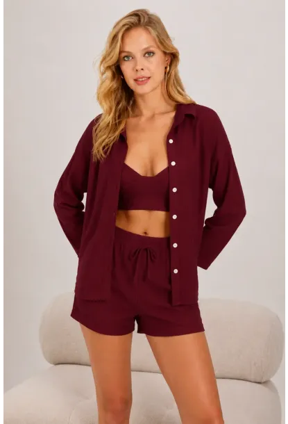 Bordo 3lü Bralı Düz Örme Pijama Takımı