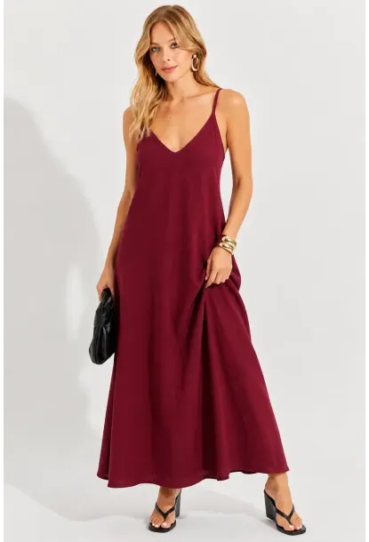 Bordo Askılı Salaş Maxi Elbise