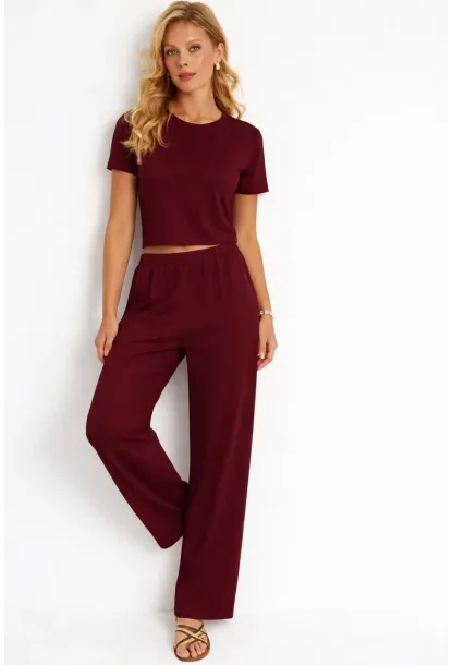 Bordo Modal Kumaş Crop Tişört & Yüksek Bel Bol Paça Takım