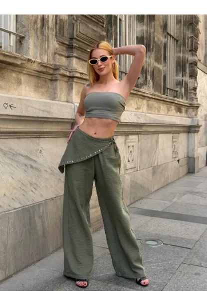 Dökümlü Bel Detay Pantalon Haki