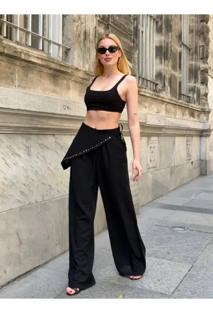 Dökümlü Bel Detay Pantalon Siyah