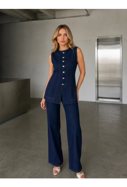 Düğme Detaylı Denim Yelek & Pantolon Takım – Lacivert