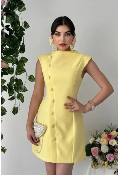 Düğme Detaylı Elbise Sarı
