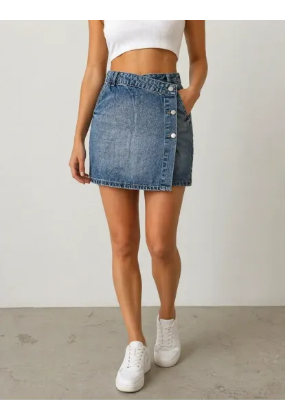 Düğme Detaylı Jean Mini Etek – Lacivert