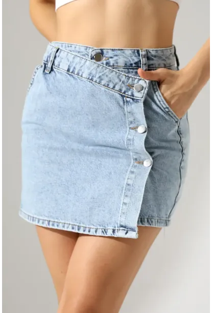 Düğme Detaylı Jean Mini Etek – Mavi