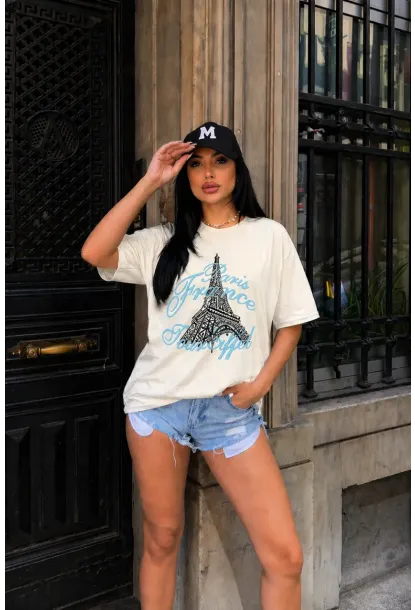 Ekru Paris France Eiffel Baskılı Oversize Penye T-Shirt – Şık ve Modern Tasarım