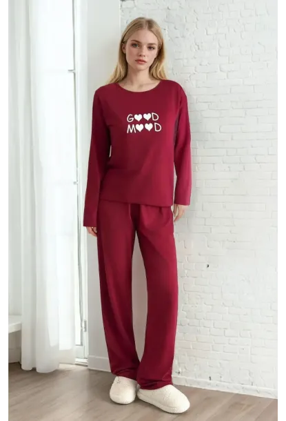 Good Mood Baskılı Bordo Kadın Pijama Takımı