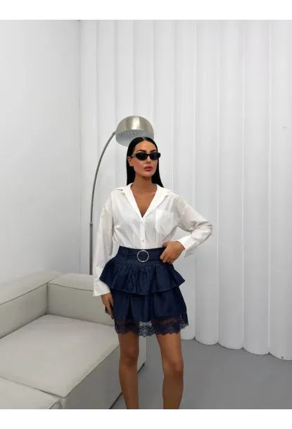 Güpür Detaylı Beli Metal Kemerli Mini Jean Etek