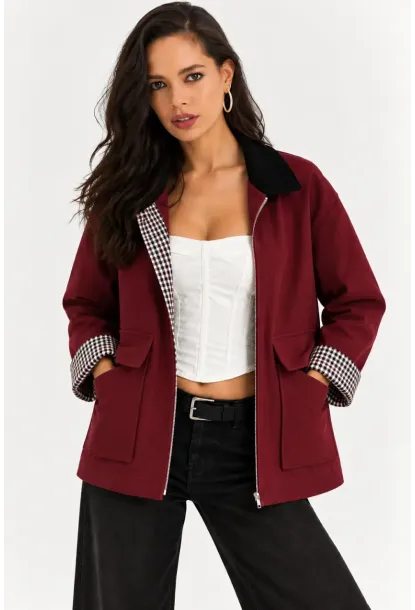 Kadın Bordo Fermuarlı Ceket Ekose Detaylı Siyah Yakalı Oversize Günlük Ceket