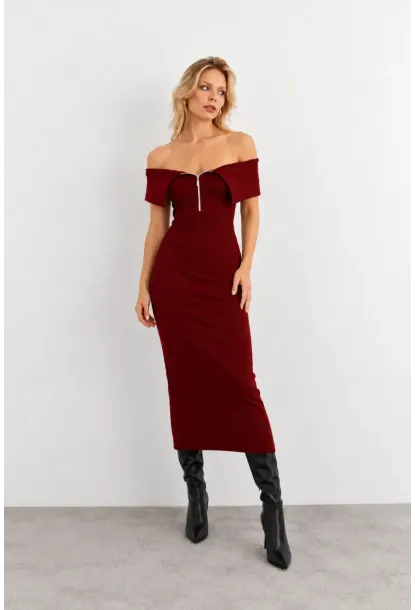 Kadın Bordo Fermuarlı Madonna Yaka Midi Elbise EY3011