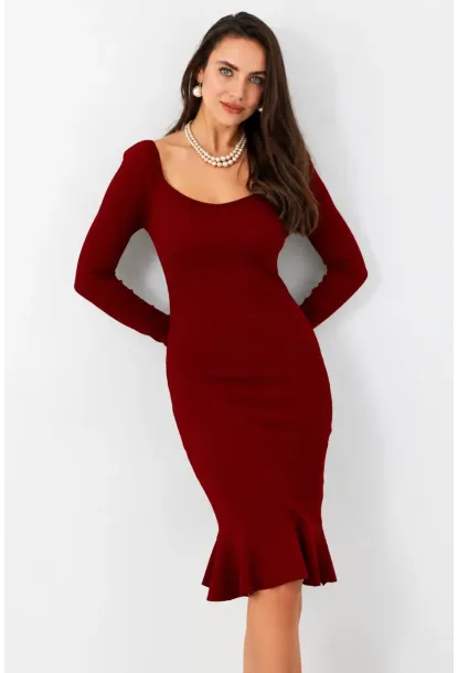 Kadın Bordo Kaşkorse Midi Elbise EY2976