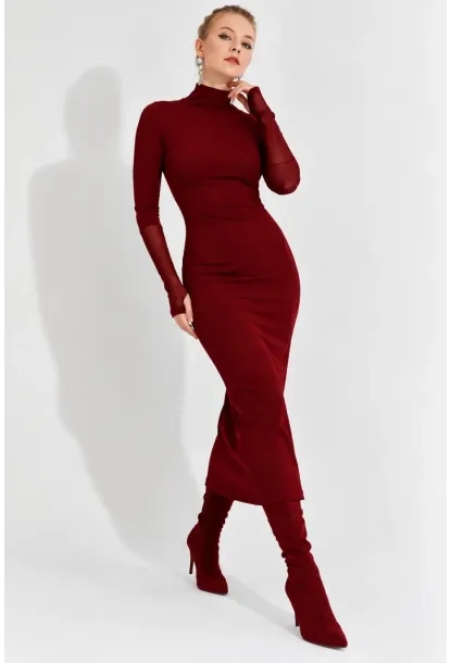 Kadın Bordo Tül Detaylı Eldivenli Midi Elbise EY2600