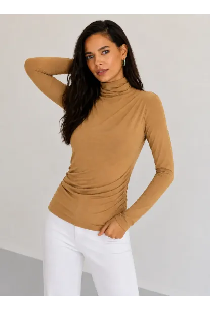 Kadın Camel Drapeli Boğazlı Uzun Kollu Esnek Fit Bluz
