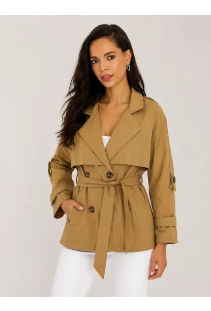Kadın Camel Kuşaklı Trenç Ceket – Düğmeli Mevsimlik Oversize Model