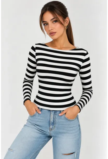 Kadın Çizgili Kayık Yaka Uzun Kollu Slim Fit Basic Bluz