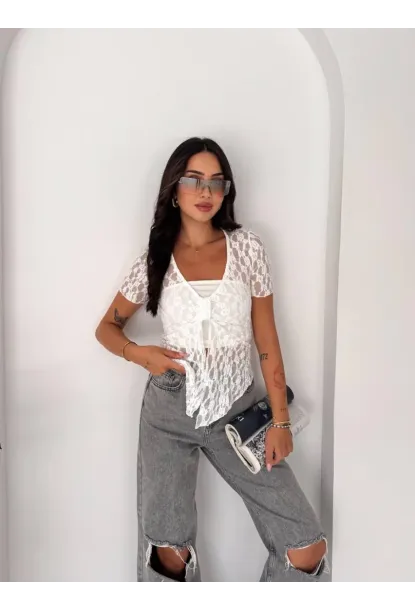 Kadın Dantel Detaylı Transparan Bluz Beyaz