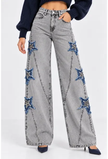 Kadın Gri Yıkamalı Yıldız Aplikeli Yüksek Bel Wide Leg Jean Pantolon
