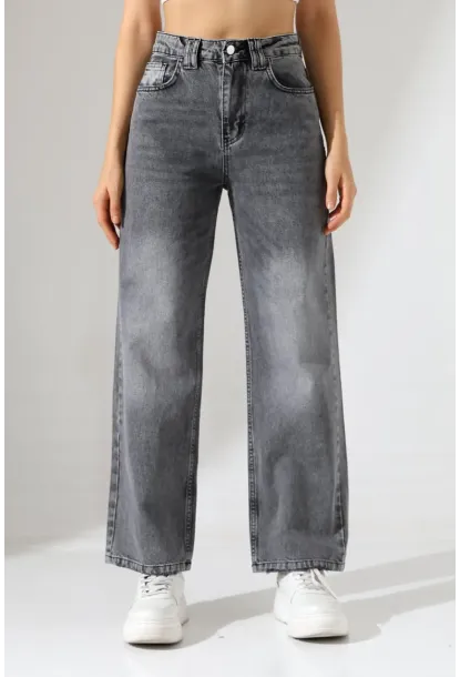 Kadın Gri Yüksek Bel Wide Leg Jean