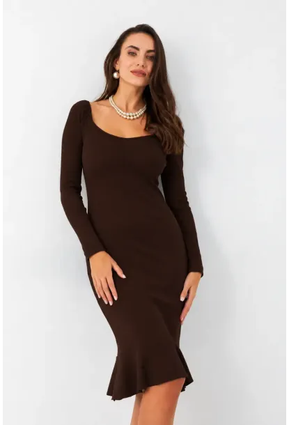 Kadın Kahverengi Kaşkorse Midi Elbise EY2976