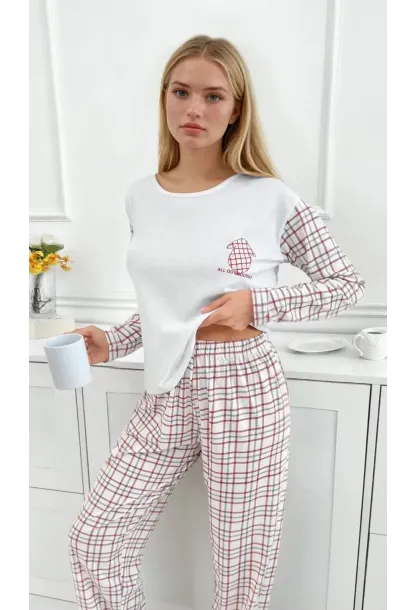 Kadın Kareli Uzun Kollu Süprem Pijama Takımı