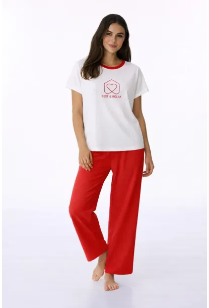 Kadın Kısa Kollu Uzun Pantolonlu Pamuklu Pijama Takımı – Rest & Relax Baskılı Mavi