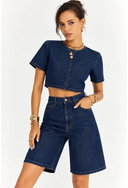 Kadın Lacivert Denim Crop Üst ve Yüksek Bel Bermuda Şort İkili Takım