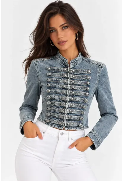 Kadın Premium Metal Düğme Detaylı Crop Denim Ceket
