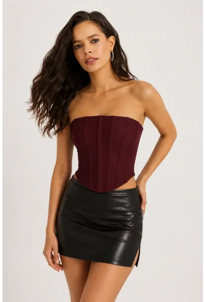 Kadın Şık Korse Crop Top - Straplez Düğmeli Büstiyer Bordo