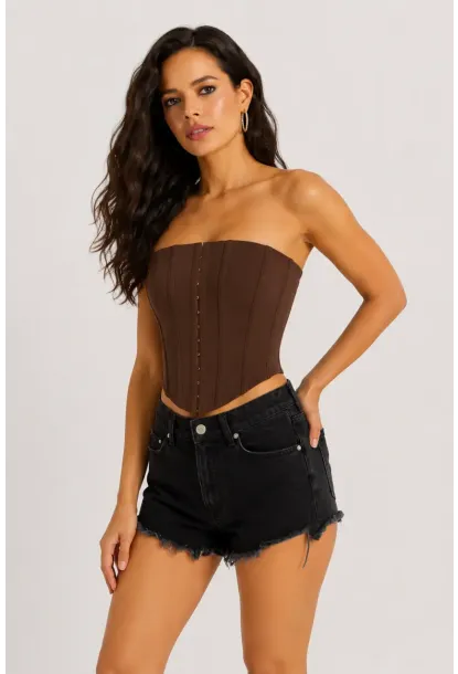 Kadın Şık Korse Crop Top - Straplez Düğmeli Büstiyer Kahve