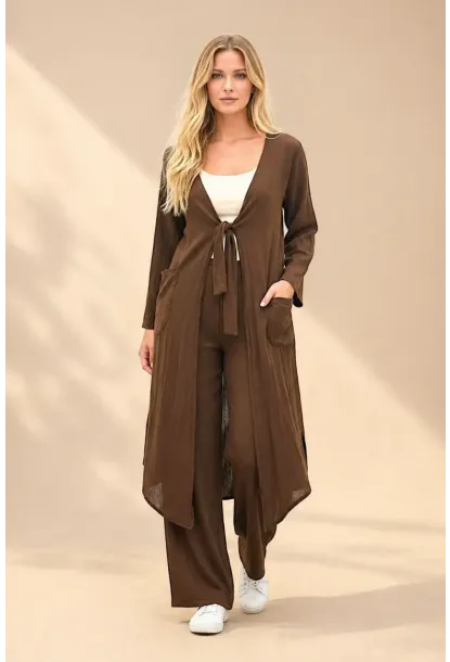 Kahve Bağlamalı Kimono Keten Takım