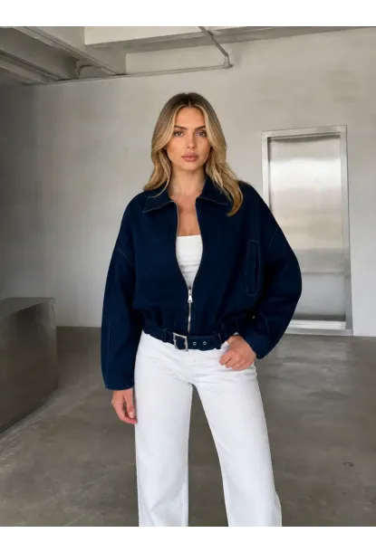 Kemer Detaylı Oversize Denim Ceket – Lacivert