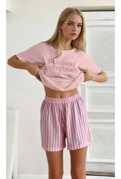 Kısa Kollu Şortlu Pijama Takımı Pembe