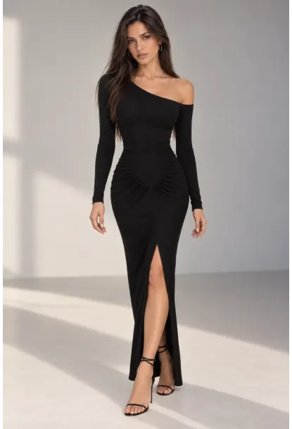 Likralı Kumaş Drape Detaylı Yırtmaçlı Dekolteli Uzun Elbise