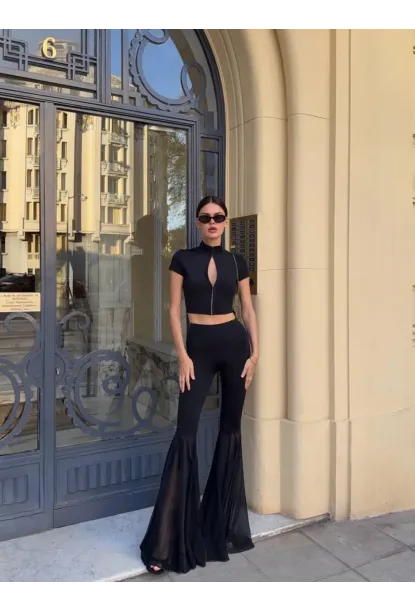 Likralı Modal Kumaş Crop Bluz Pantalon Takım Siyah