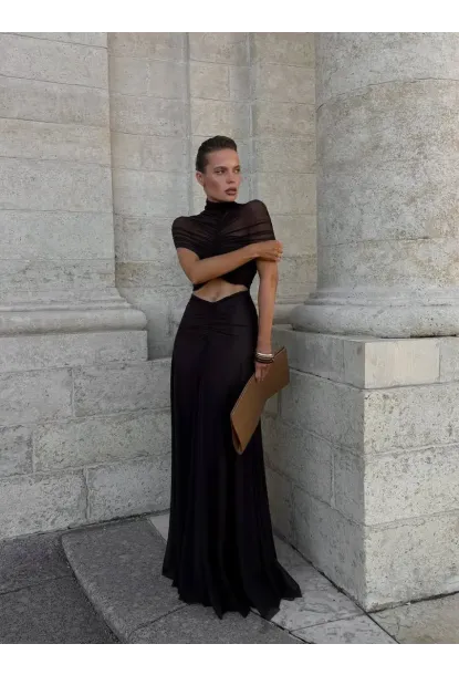 Likralı Tül Kumaş Astarlı Drape Detay Maxi Boy Elbise