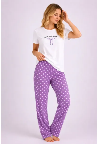 Love You More Baskılı Lila Puantiyeli Pijama Takımı