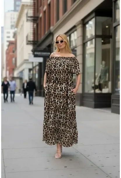 Madonna Yaka Leopar Desenli Maxi Elbise – Rahat Kesim Şık Yazlık Elbise