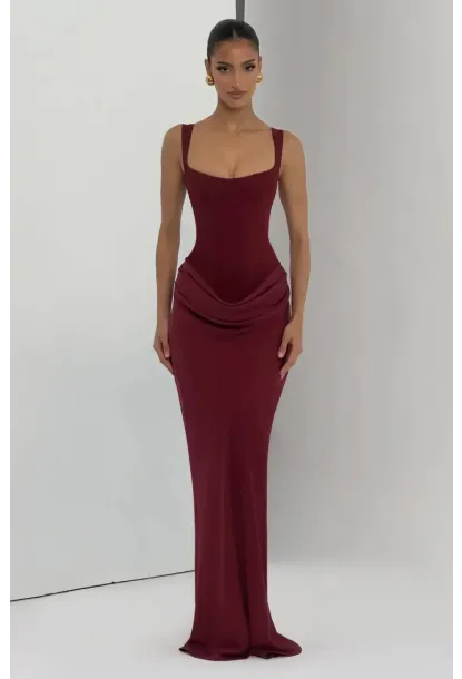 Maxi Boy Bağcıklı Ayarlanabilir Korse Detaylı Elbise –Bordo