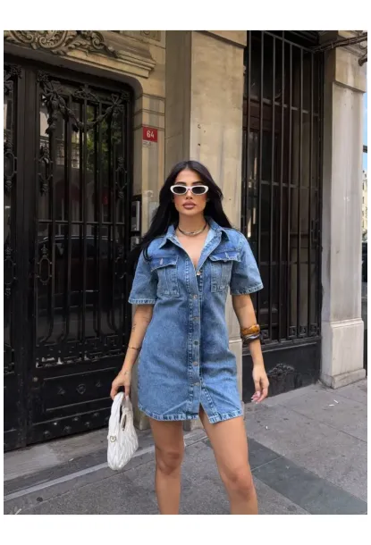 Önü Düğmeli Cepli Mavi Jean Elbise