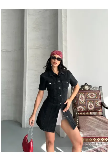 Önü Düğmeli Cepli Siyah Jean Elbise