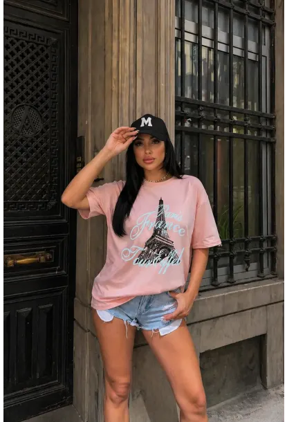 Pembe Paris France Eiffel Baskılı Oversize Penye T-Shirt – Şık ve Modern Tasarım